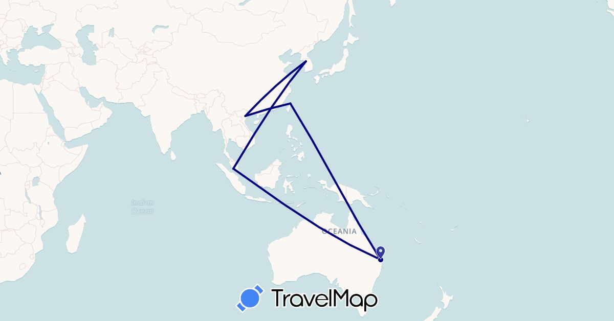 TravelMap itinerary: driving in Australia, South Korea, Malaysia, Taiwan, Vietnam (Asia, Oceania)
